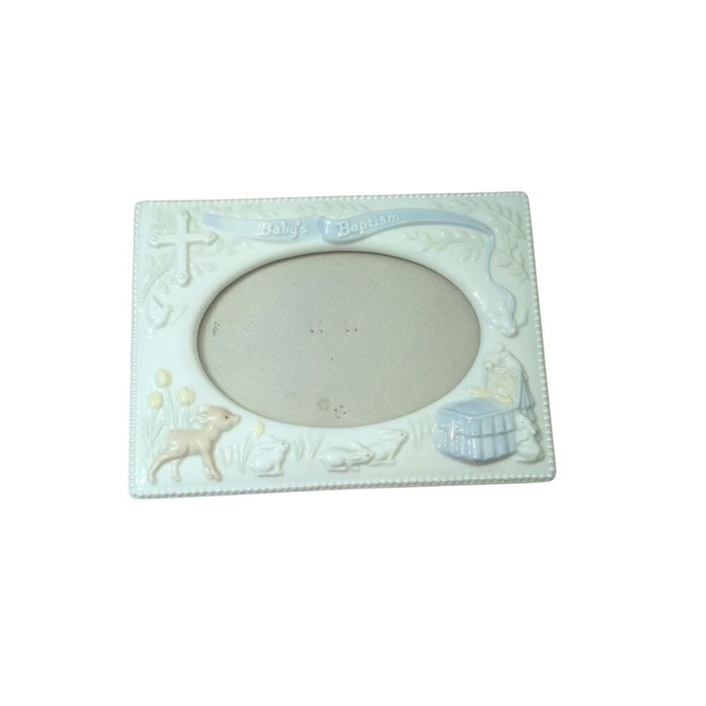 Russ Berrie Cottagecore Baby's Baptism Pastel Ceramic Oval Photo Frame 4x6